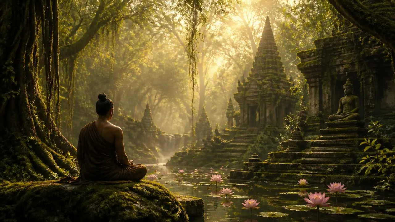 Meditative forest temple scene